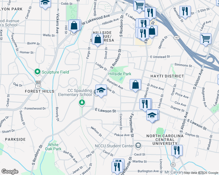 map of restaurants, bars, coffee shops, grocery stores, and more near 217 Moline Street in Durham