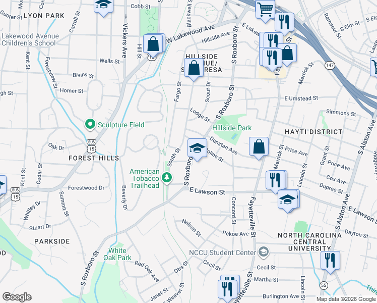 map of restaurants, bars, coffee shops, grocery stores, and more near 1511 South Roxboro Street in Durham