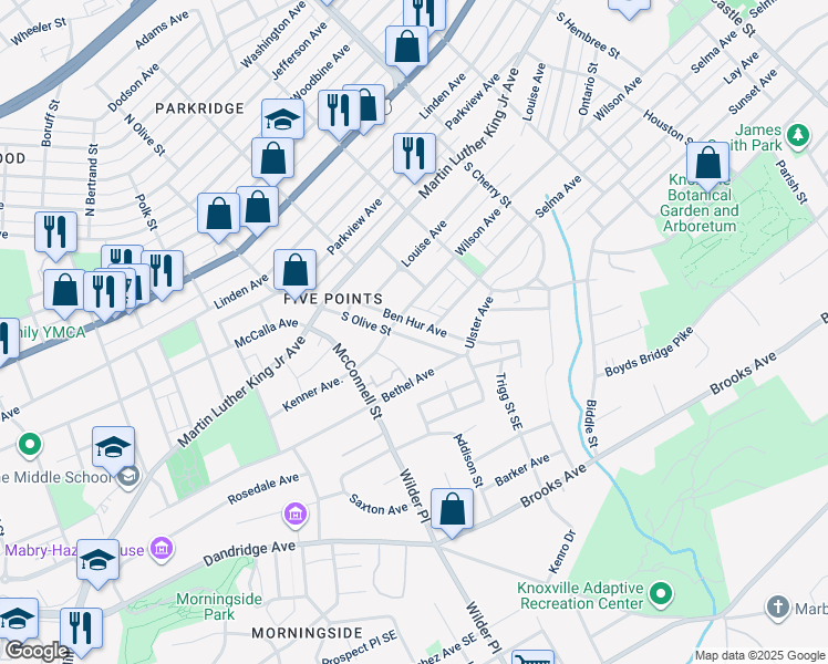 map of restaurants, bars, coffee shops, grocery stores, and more near 403 South Olive Street in Knoxville