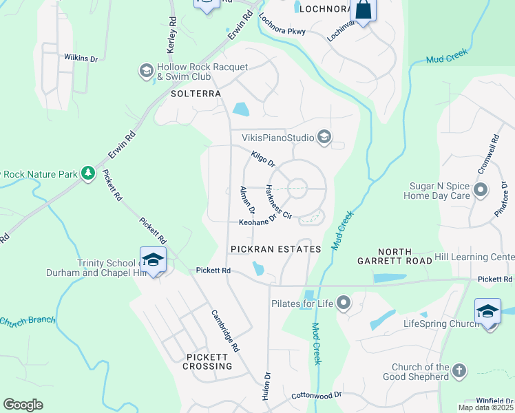 map of restaurants, bars, coffee shops, grocery stores, and more near 3513 Alman Drive in Durham