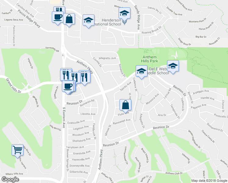 map of restaurants, bars, coffee shops, grocery stores, and more near 2384 Spirito Avenue in Henderson