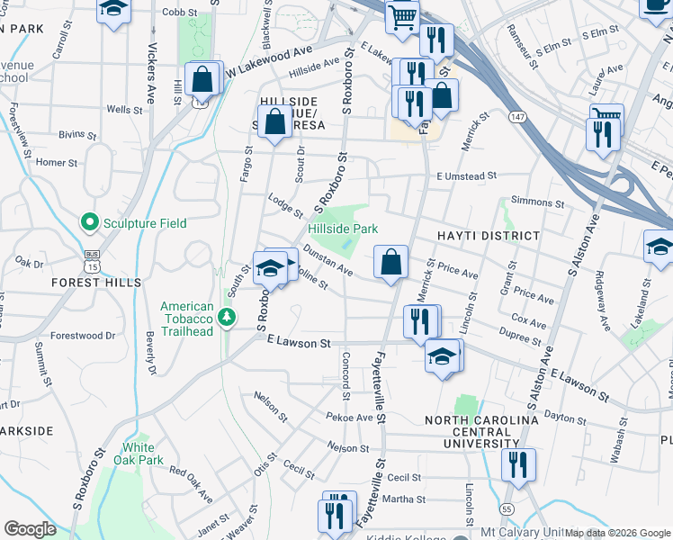 map of restaurants, bars, coffee shops, grocery stores, and more near 1504 Concord Street in Durham