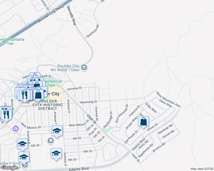 map of restaurants, bars, coffee shops, grocery stores, and more near 508 Northridge Drive in Boulder City