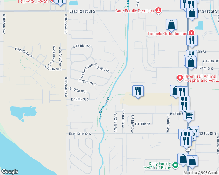 map of restaurants, bars, coffee shops, grocery stores, and more near Fry Ditch Creek Trail in Bixby