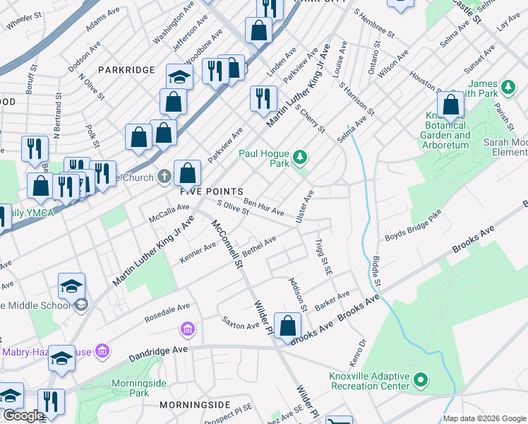 map of restaurants, bars, coffee shops, grocery stores, and more near 515 Ben Hur Avenue in Knoxville