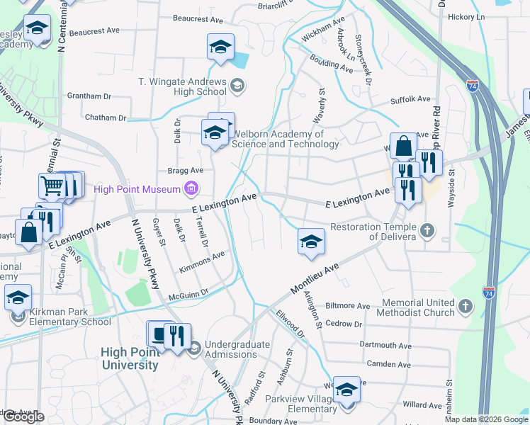 map of restaurants, bars, coffee shops, grocery stores, and more near 1432 Bailey Circle in High Point