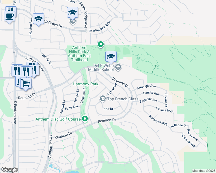 map of restaurants, bars, coffee shops, grocery stores, and more near 1360 Temporale Drive in Henderson