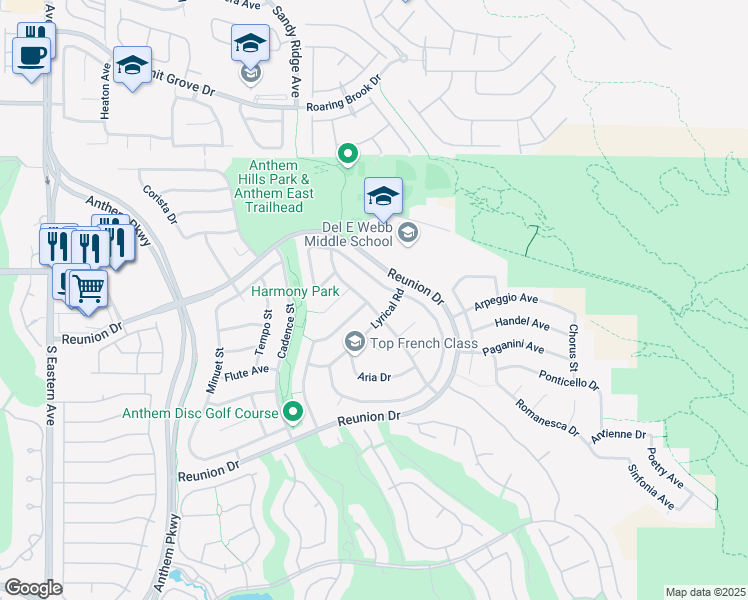 map of restaurants, bars, coffee shops, grocery stores, and more near 1360 Temporale Drive in Henderson