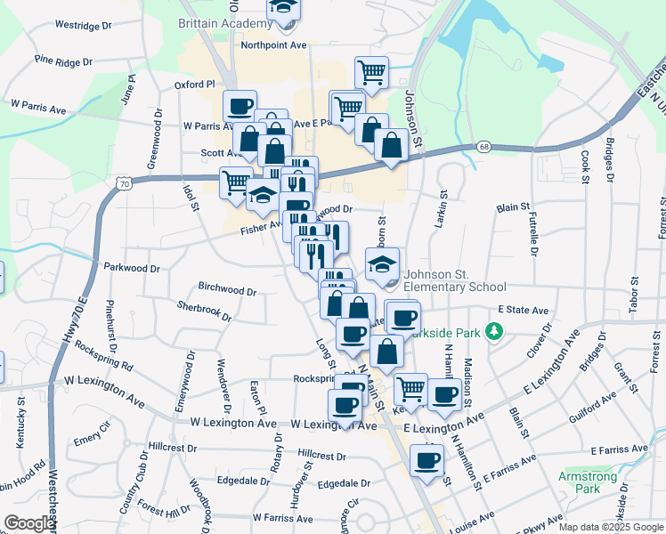 map of restaurants, bars, coffee shops, grocery stores, and more near 1800 North Main Street in High Point