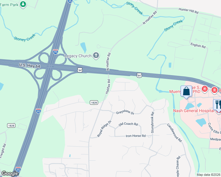map of restaurants, bars, coffee shops, grocery stores, and more near 3216 Abbey Road in Rocky Mount