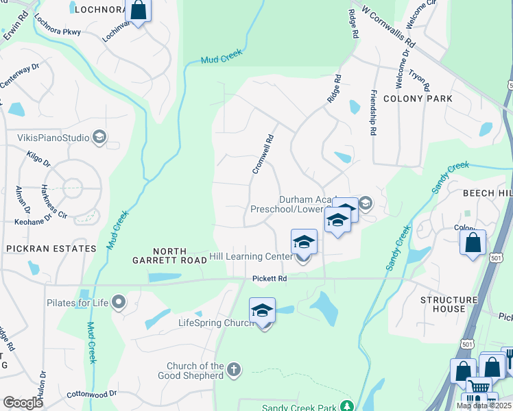 map of restaurants, bars, coffee shops, grocery stores, and more near 3435 Cromwell Road in Durham
