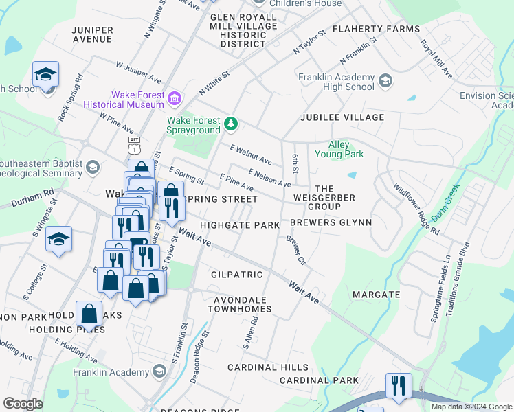 map of restaurants, bars, coffee shops, grocery stores, and more near 224 Highgate Circle in Wake Forest