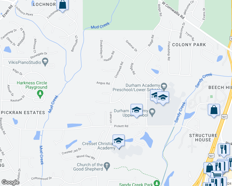 map of restaurants, bars, coffee shops, grocery stores, and more near 3435 Cromwell Road in Durham