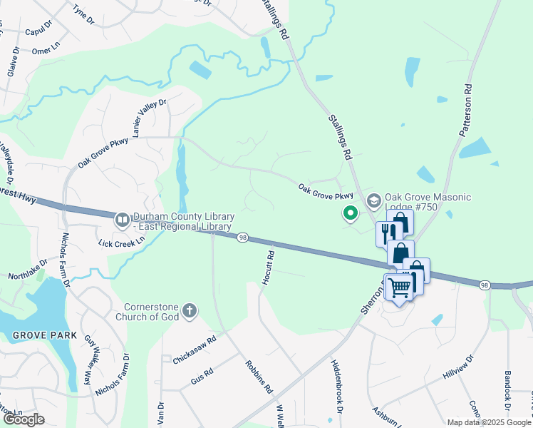 map of restaurants, bars, coffee shops, grocery stores, and more near 214 Stoney Drive in Durham