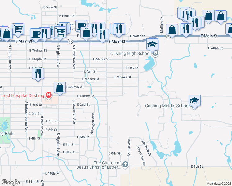 map of restaurants, bars, coffee shops, grocery stores, and more near 1428 E Cherry St in Cushing