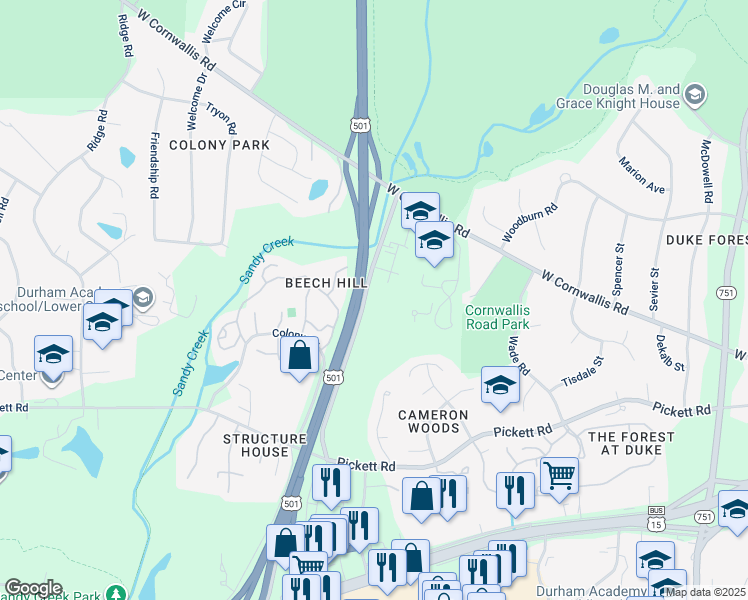 map of restaurants, bars, coffee shops, grocery stores, and more near 2717 Western Bypass in Durham