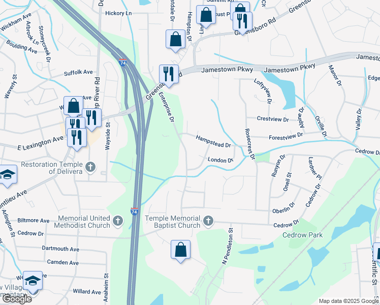 map of restaurants, bars, coffee shops, grocery stores, and more near 1438 London Drive in High Point