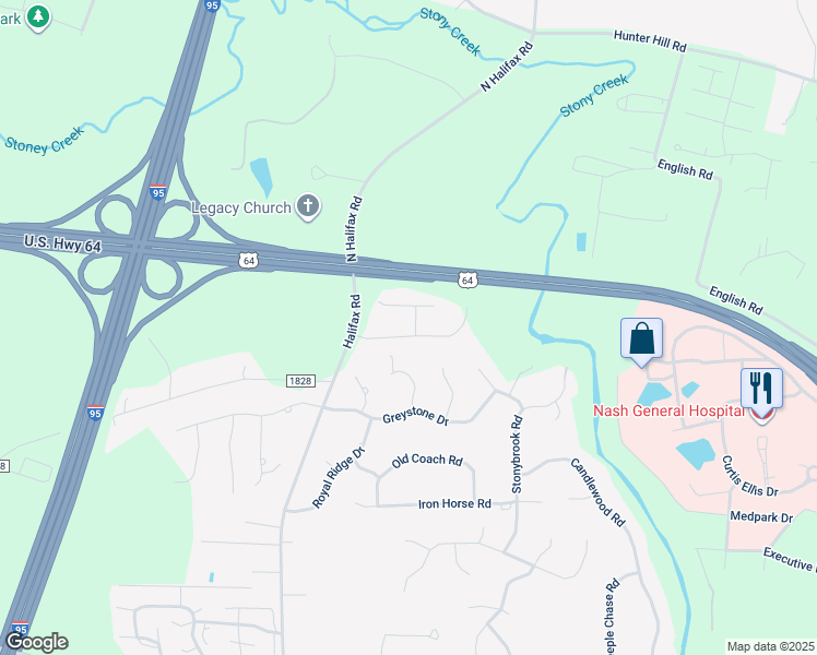 map of restaurants, bars, coffee shops, grocery stores, and more near 3200 Abbey Road in Rocky Mount