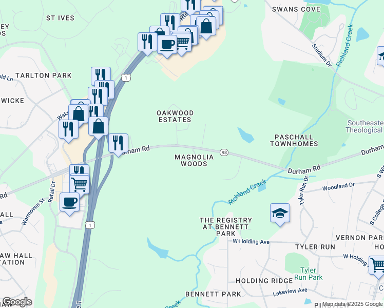 map of restaurants, bars, coffee shops, grocery stores, and more near 604 Magnolia Forest Court in Wake Forest