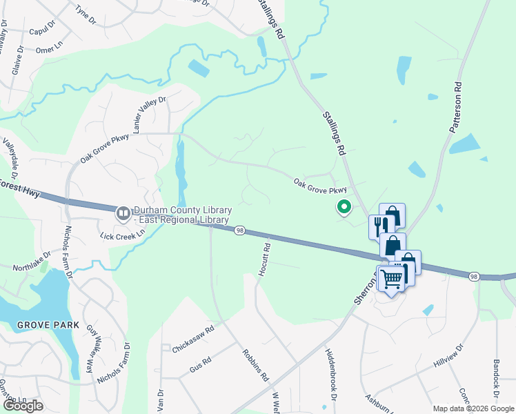 map of restaurants, bars, coffee shops, grocery stores, and more near 24 Gwendolyn Circle in Durham