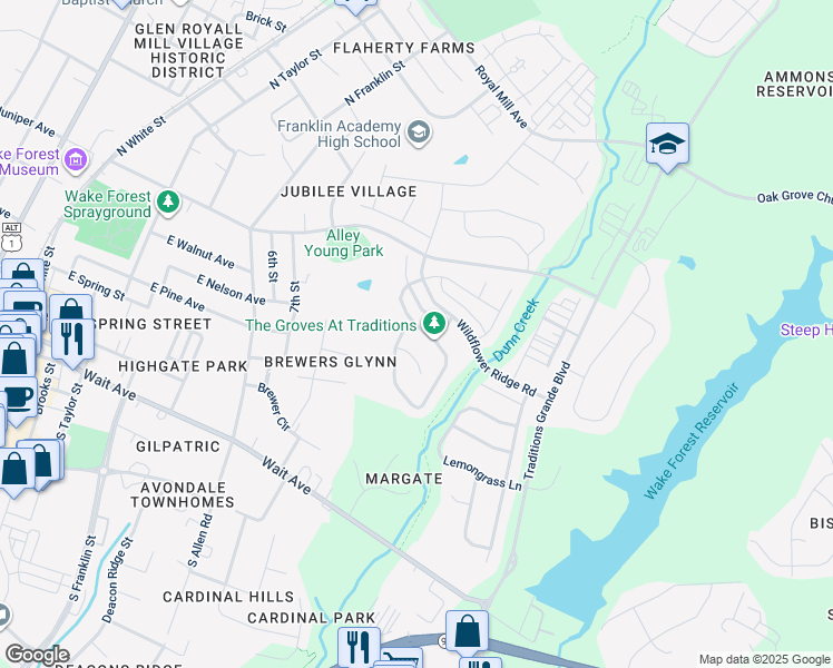 map of restaurants, bars, coffee shops, grocery stores, and more near 1004 Woodland Grove Way in Wake Forest
