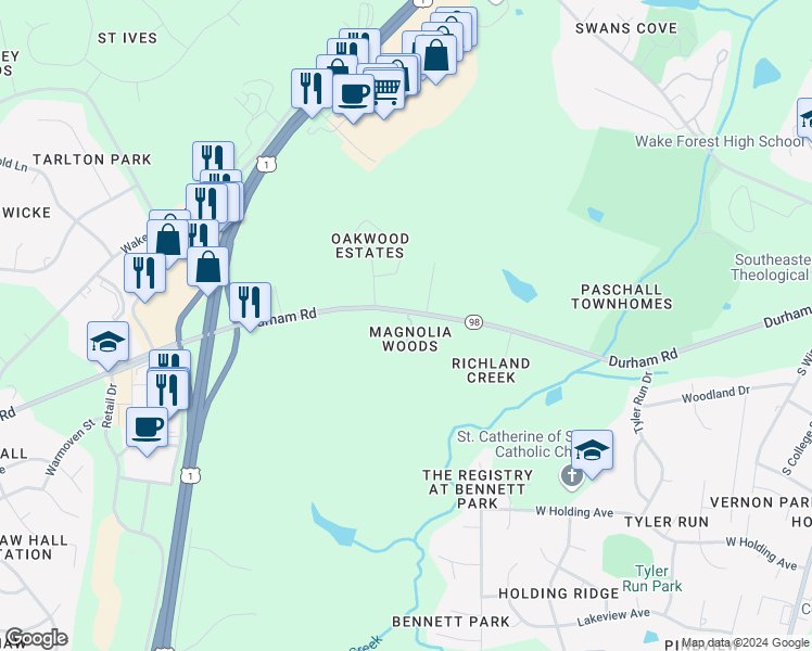 map of restaurants, bars, coffee shops, grocery stores, and more near 604 Magnolia Forest Court in Wake Forest
