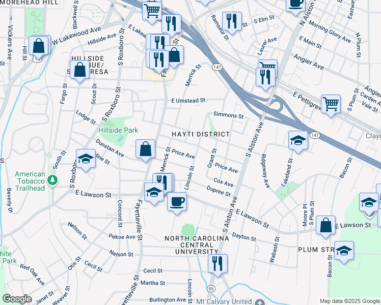 map of restaurants, bars, coffee shops, grocery stores, and more near 625 Price Avenue in Durham