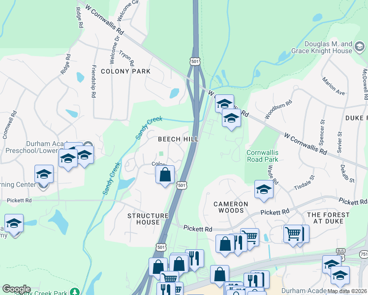 map of restaurants, bars, coffee shops, grocery stores, and more near 12 Pinnacle Road in Durham