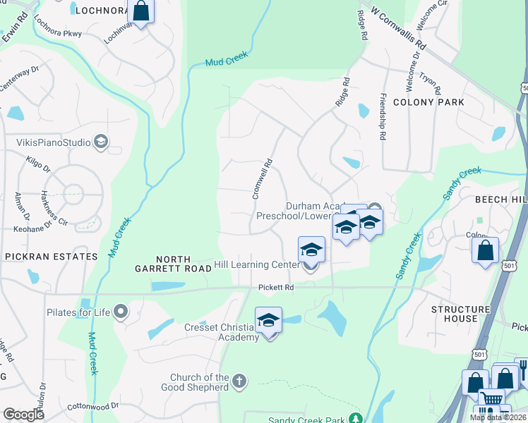 map of restaurants, bars, coffee shops, grocery stores, and more near 3306 Pinafore Drive in Durham