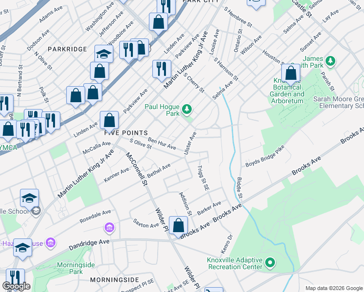 map of restaurants, bars, coffee shops, grocery stores, and more near 617 Ben Hur Avenue in Knoxville