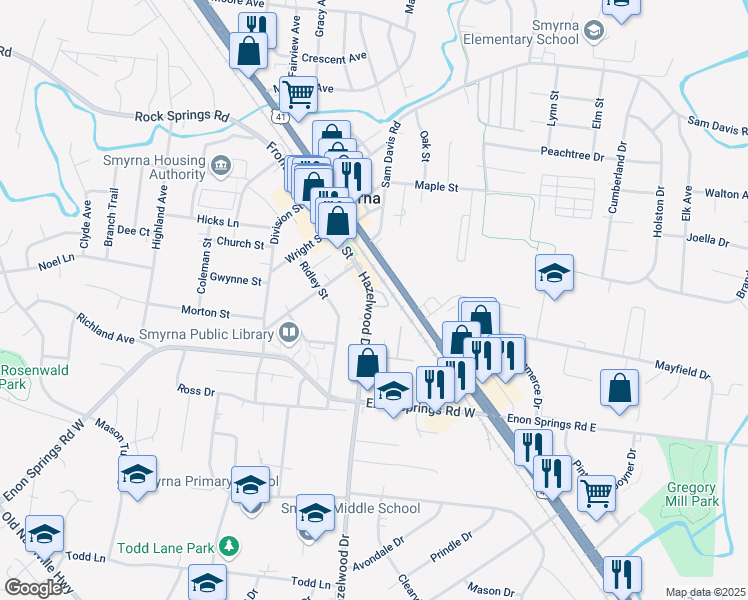 map of restaurants, bars, coffee shops, grocery stores, and more near 205 Hazelwood Drive in Smyrna