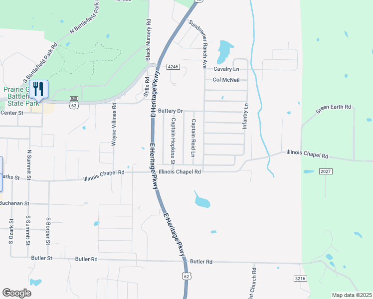 map of restaurants, bars, coffee shops, grocery stores, and more near 420 Captain Reid Lane in Prairie Grove