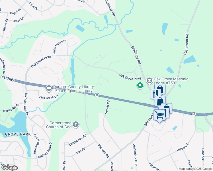 map of restaurants, bars, coffee shops, grocery stores, and more near 214 Stoney Drive in Durham