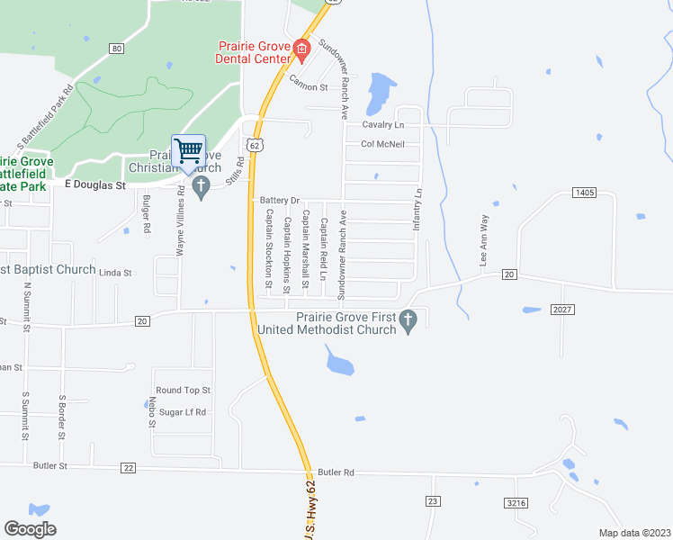 map of restaurants, bars, coffee shops, grocery stores, and more near 420 Captain Reid Lane in Prairie Grove