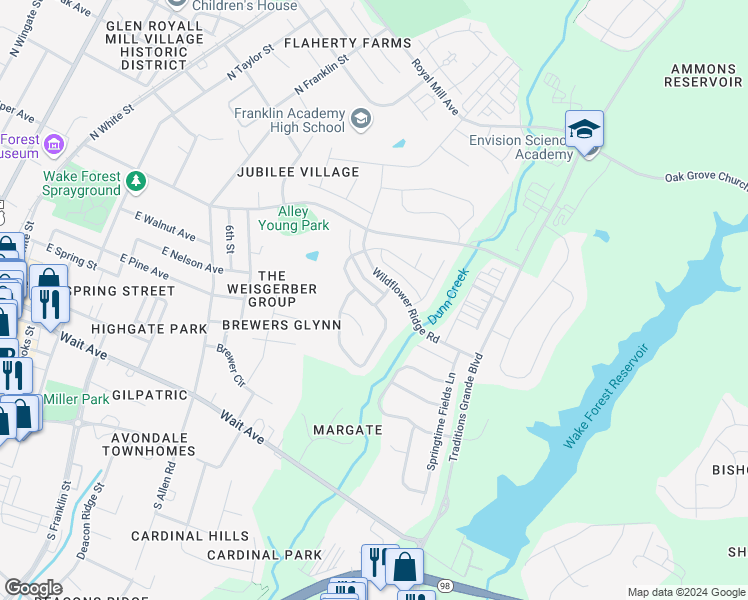 map of restaurants, bars, coffee shops, grocery stores, and more near 1025 Woodland Grove Way in Wake Forest