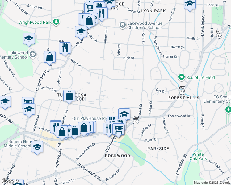 map of restaurants, bars, coffee shops, grocery stores, and more near 1700 Sycamore Street in Durham