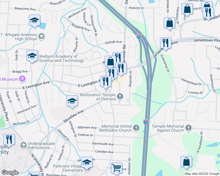 map of restaurants, bars, coffee shops, grocery stores, and more near 1230 Montlieu Avenue in High Point