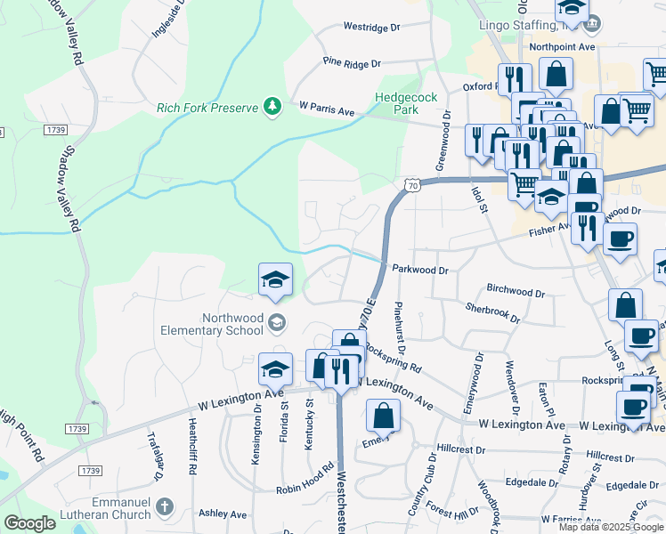 map of restaurants, bars, coffee shops, grocery stores, and more near 1505 Cherokee Drive in High Point