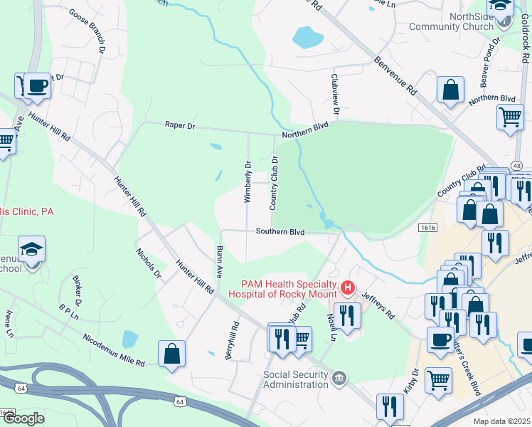 map of restaurants, bars, coffee shops, grocery stores, and more near 40 Country Club Drive in Rocky Mount