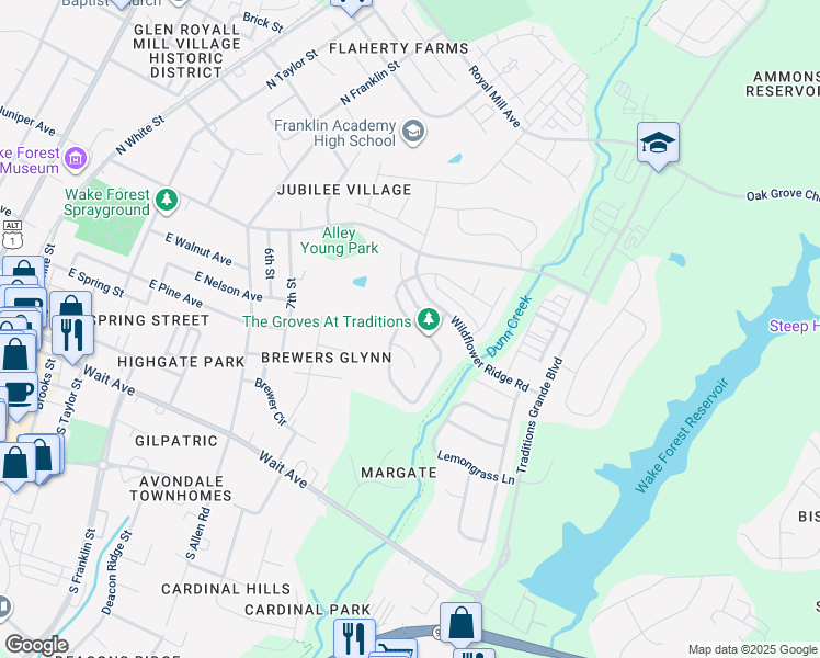 map of restaurants, bars, coffee shops, grocery stores, and more near 1004 Woodland Grove Way in Wake Forest