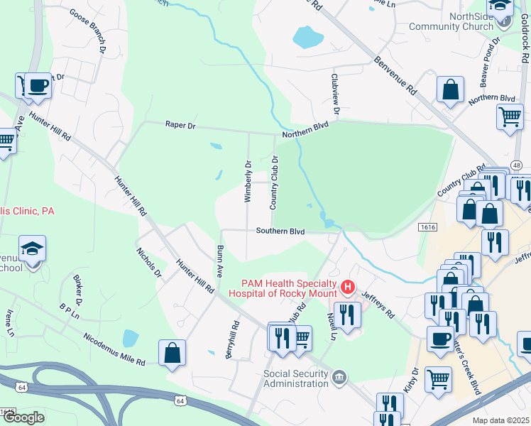 map of restaurants, bars, coffee shops, grocery stores, and more near 40 Country Club Drive in Rocky Mount