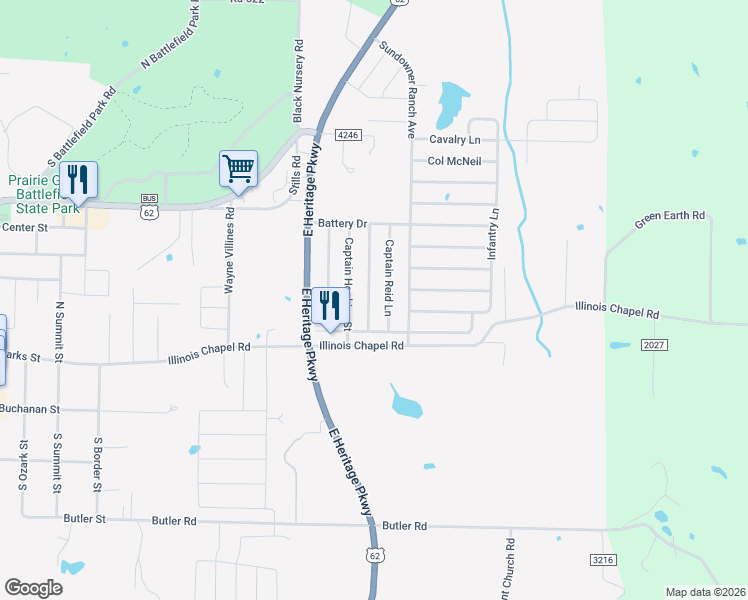map of restaurants, bars, coffee shops, grocery stores, and more near 460 Captain Marshall Street in Prairie Grove