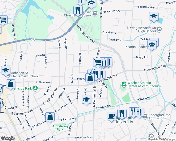 map of restaurants, bars, coffee shops, grocery stores, and more near 1001 Charlotte Avenue in High Point
