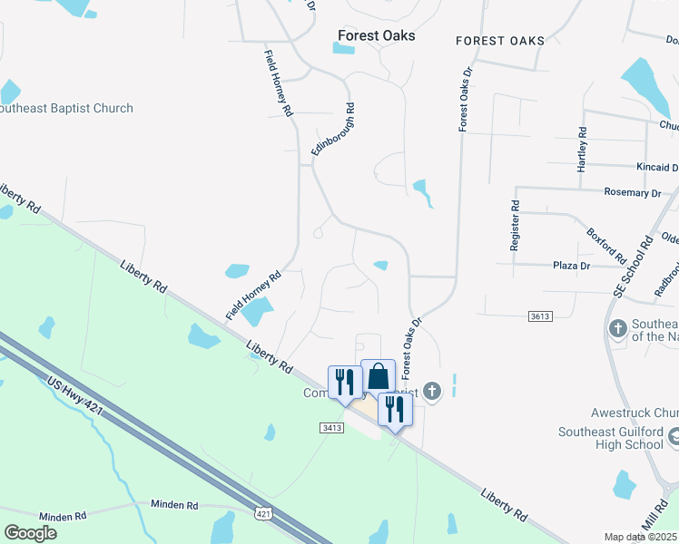 map of restaurants, bars, coffee shops, grocery stores, and more near 5207 Harvest Oak Drive in Greensboro