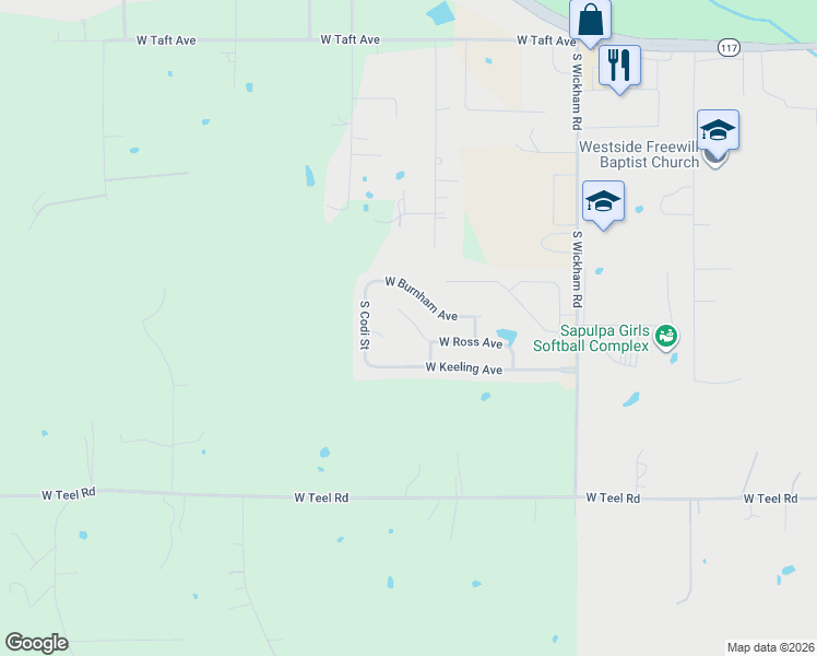 map of restaurants, bars, coffee shops, grocery stores, and more near 1500 Emily Circle in Sapulpa