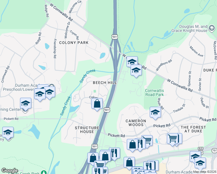 map of restaurants, bars, coffee shops, grocery stores, and more near 12 Pinnacle Road in Durham