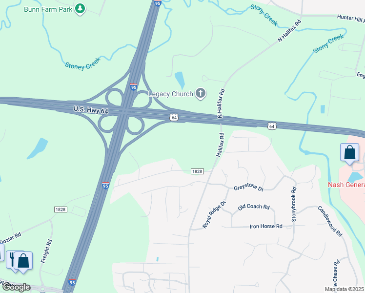 map of restaurants, bars, coffee shops, grocery stores, and more near 110 Fountain Park Drive in Rocky Mount