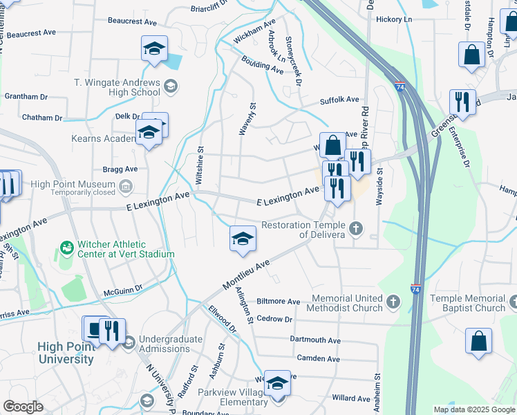 map of restaurants, bars, coffee shops, grocery stores, and more near 2410 East Lexington Avenue in High Point