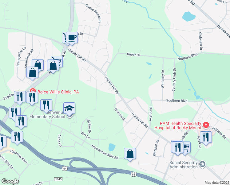 map of restaurants, bars, coffee shops, grocery stores, and more near 2033 Hunter Hill Road in Rocky Mount