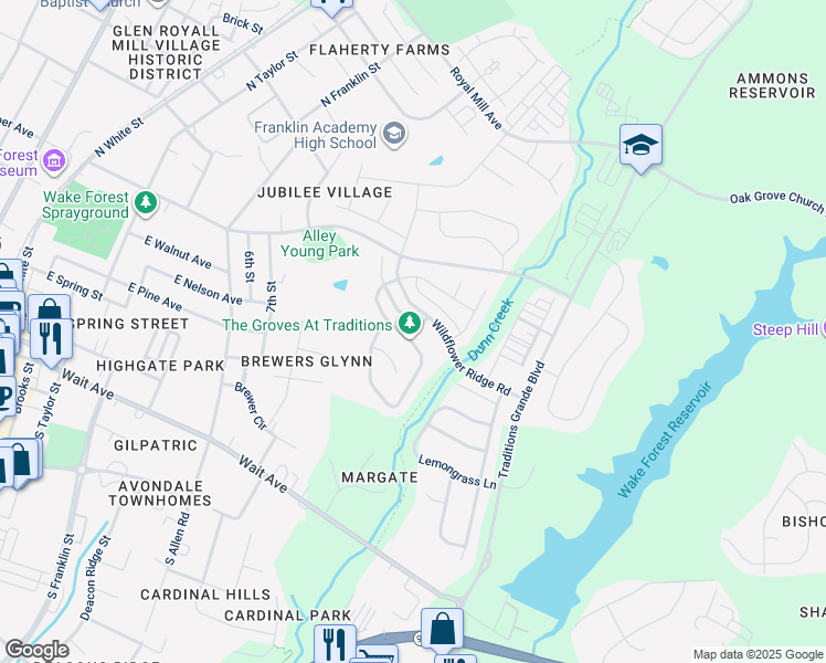 map of restaurants, bars, coffee shops, grocery stores, and more near 1025 Woodland Grove Way in Wake Forest